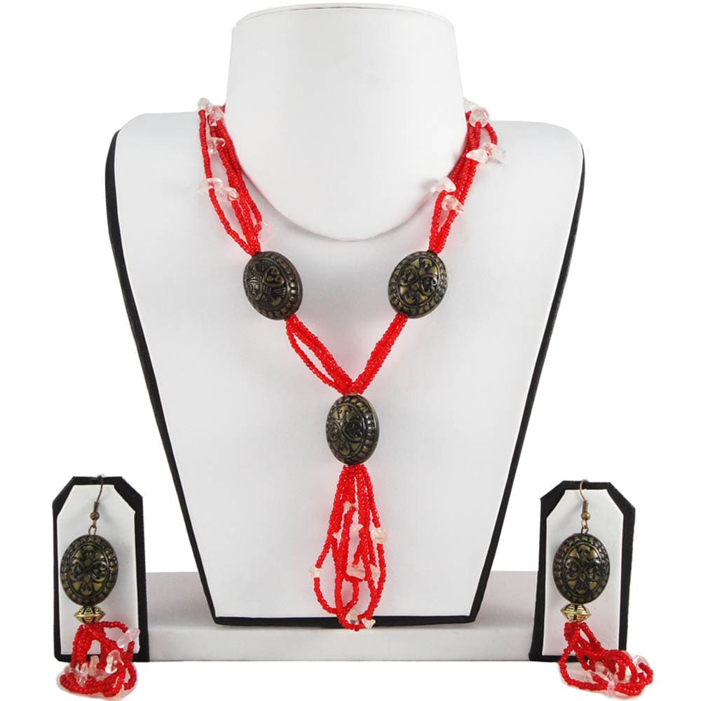 Red Jeko Moti Necklace with Antique Pendants