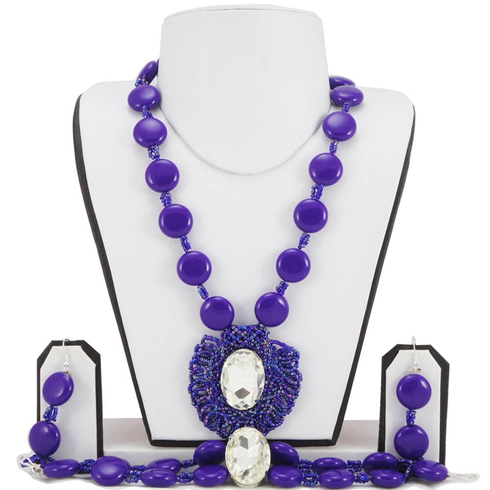 Blue Button Beads Set With Earrings and Bracelet