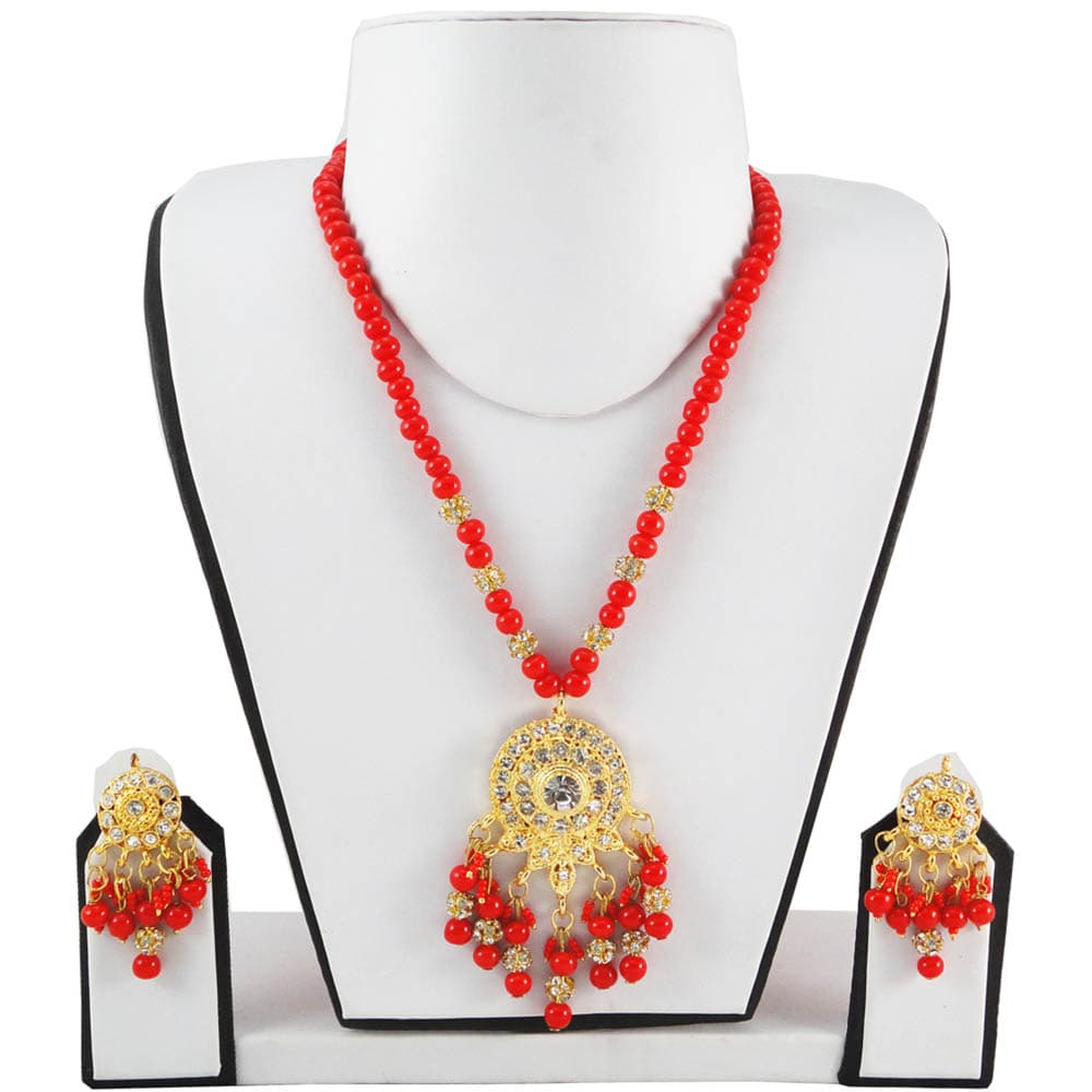 Red Bead Necklace with Golden Pendant