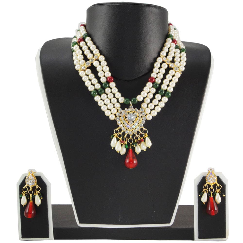 Rich Necklace With Cream, Green & Red Beads