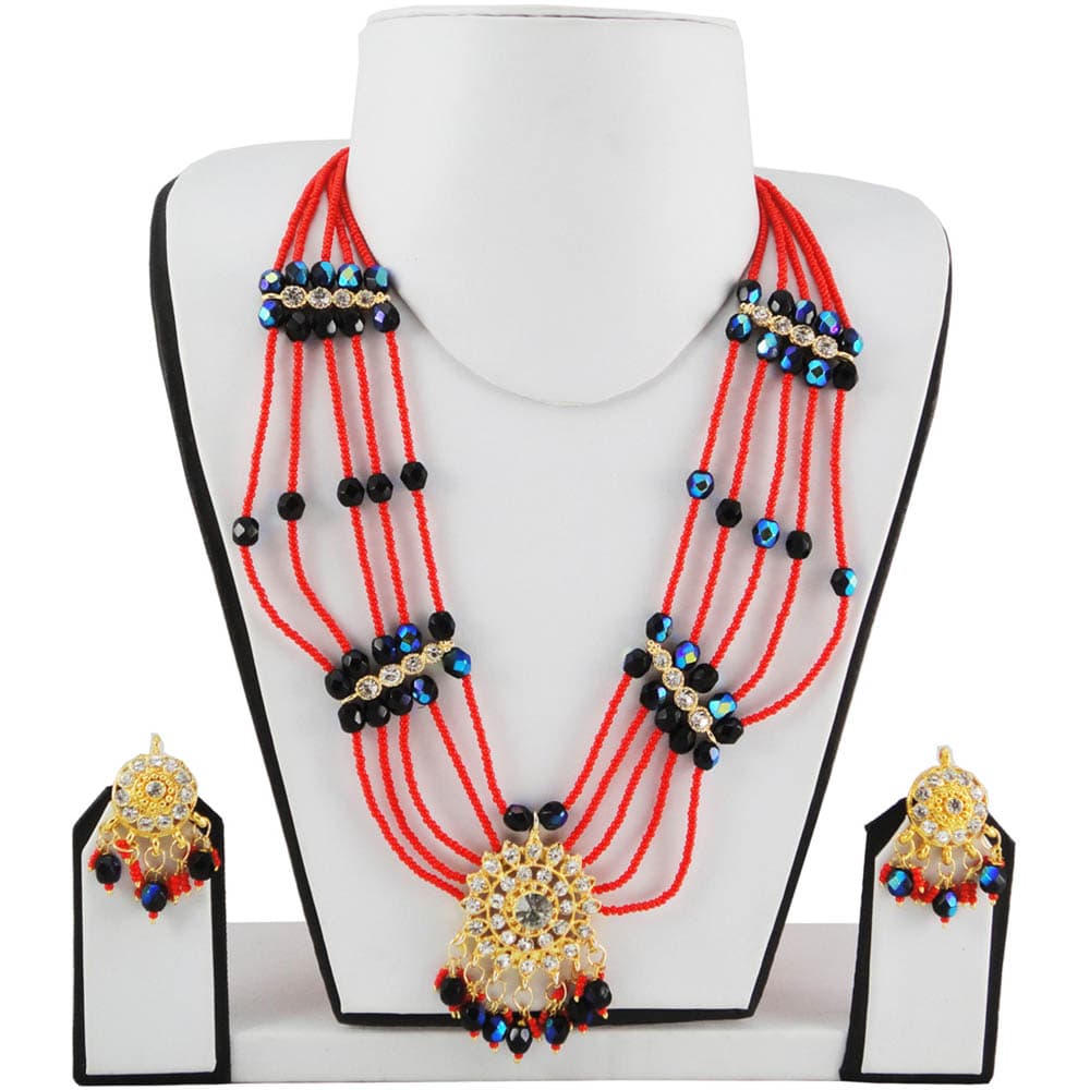 Rich Red & Black Bead Necklace with Diamond Pendant