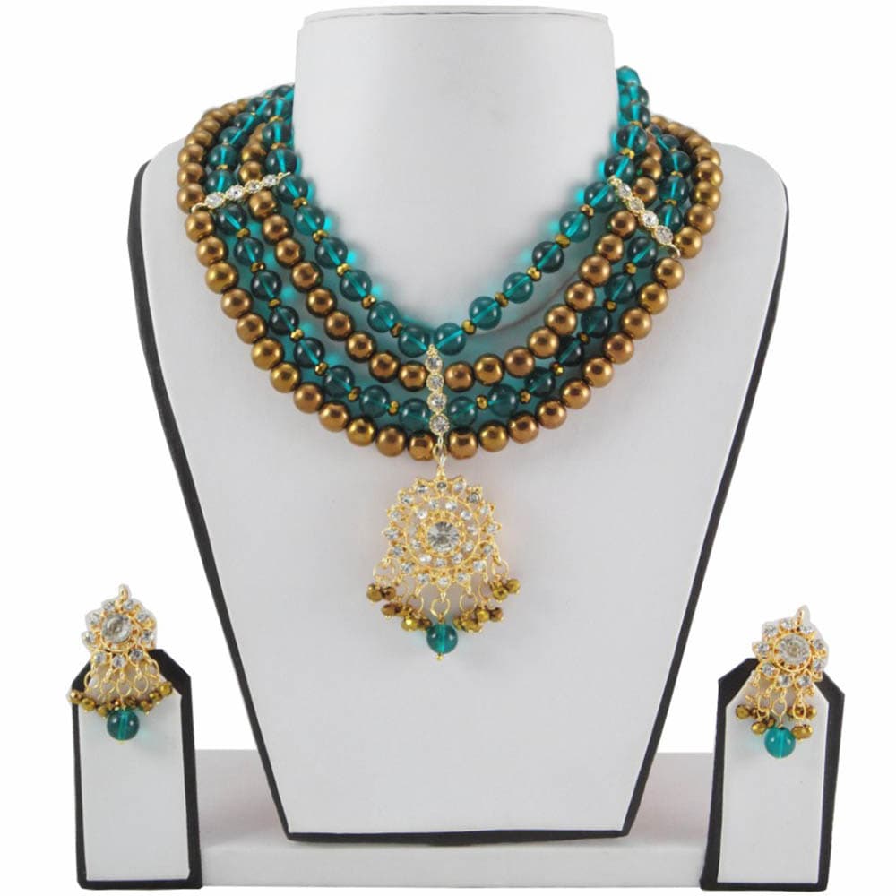 Golden & Sky Blue Colored Beads Necklace