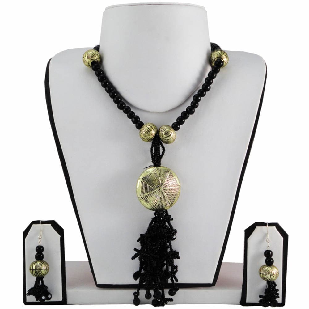 Black Beads Necklace With Antique Pendant
