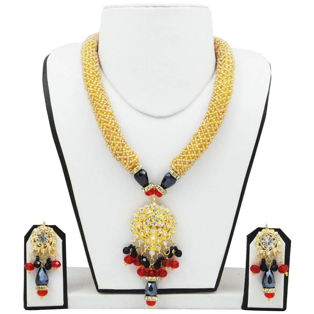 Golden Jeko Moti Necklace with Red & Black Crystal Beads