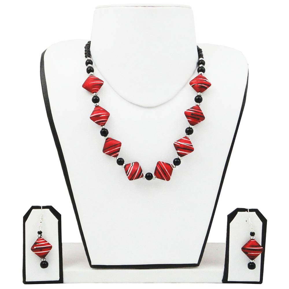 Maroon Designer Beads Necklace with Black Beads
