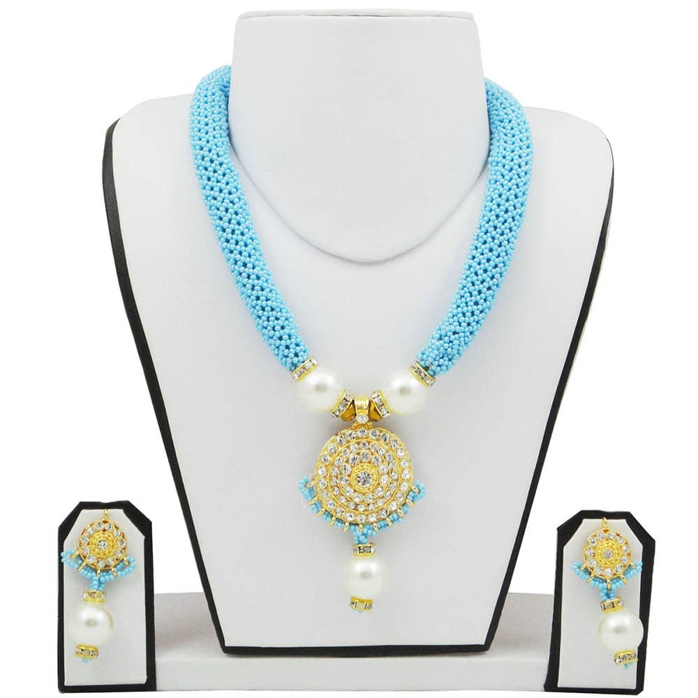 Sky Blue Jeko Moti Necklace with Diamond Pendant