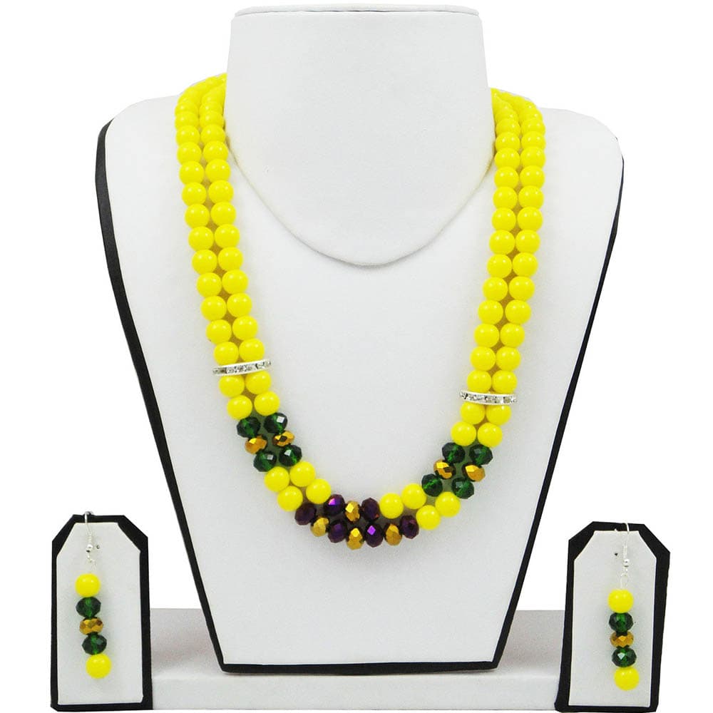 Yellow Beads Necklace With Green & Purple Crystal Beads