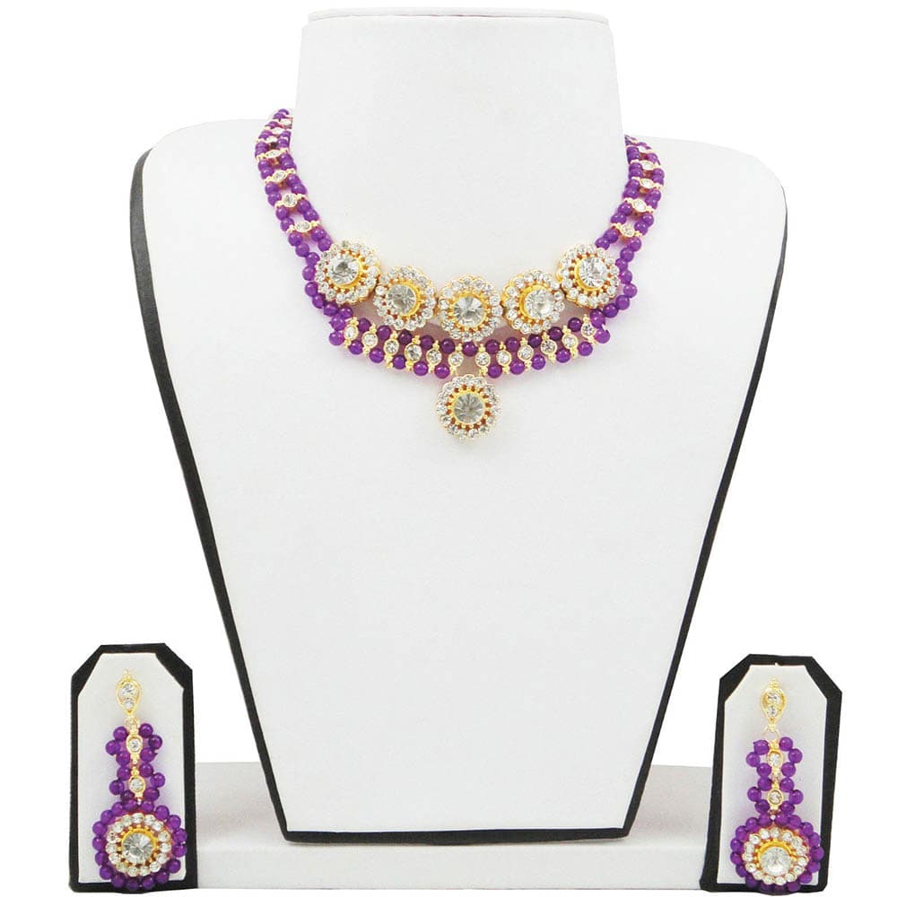 Purple Beads Traditional Necklace with Diamond Stone Pendant