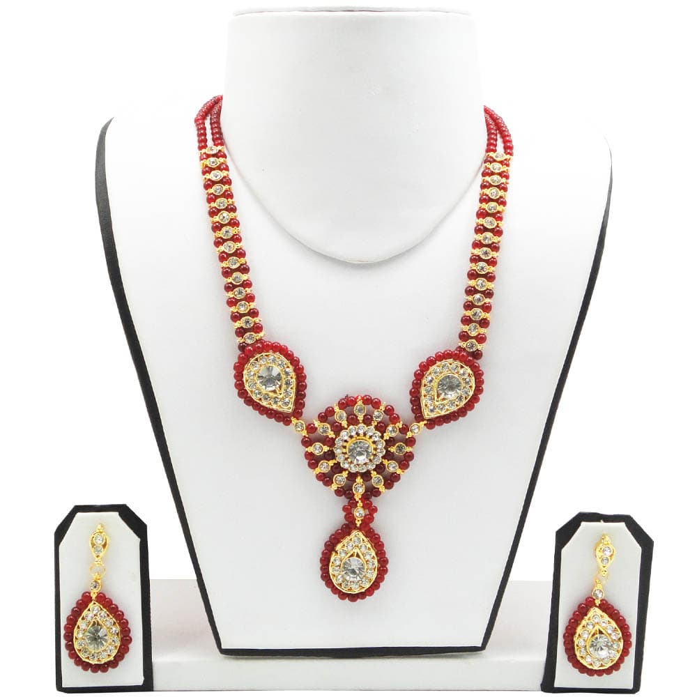 Red Beads Traditional Necklace with Diamond Stones Pendant
