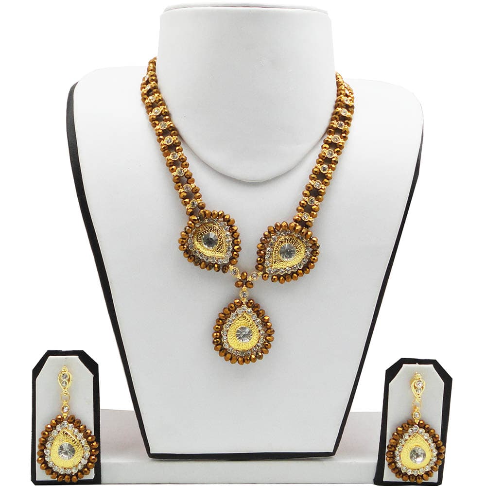 Golden Crystal Beads Necklace with Diamond Stone Pendant