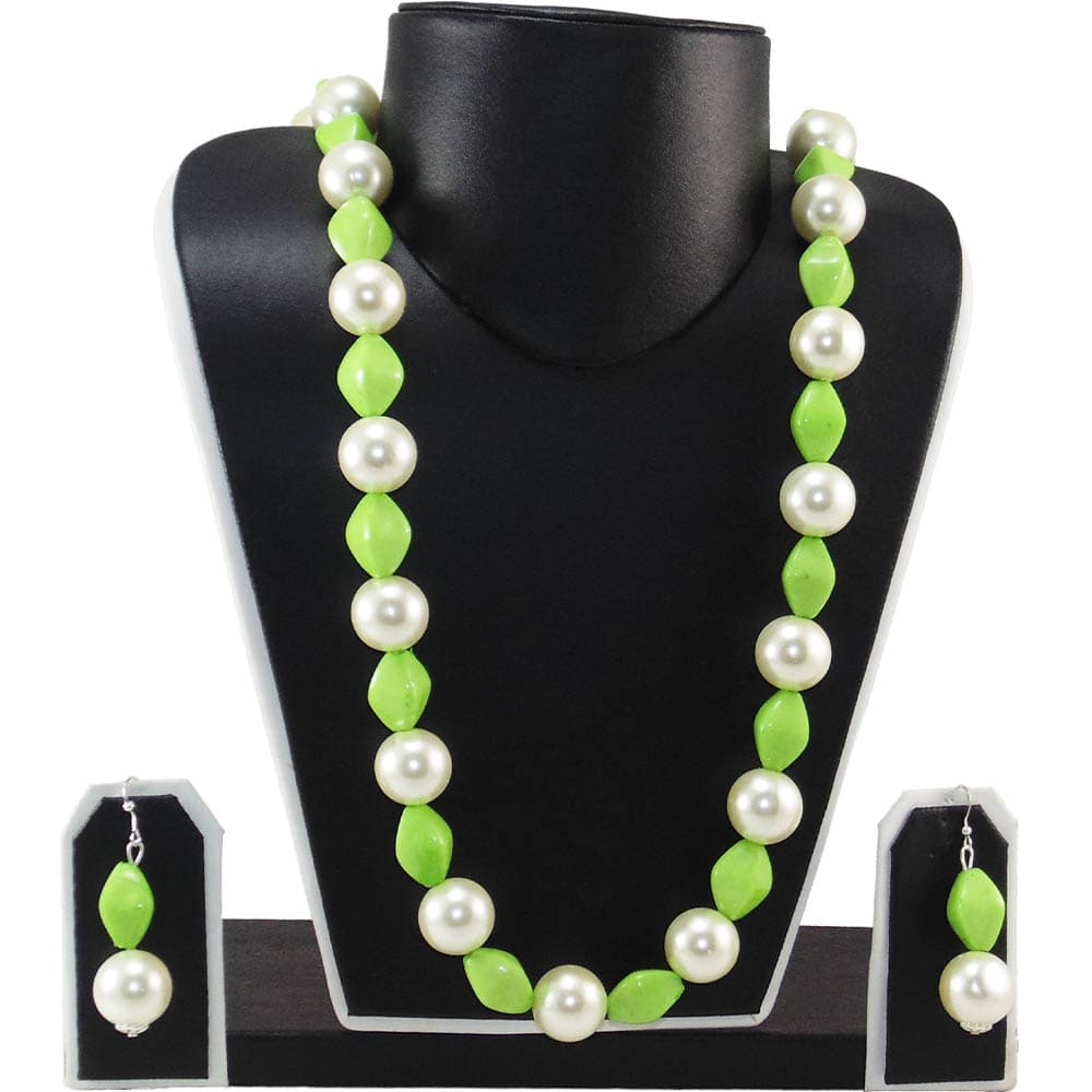 Cream Pearls & Parrot green Beads Necklace