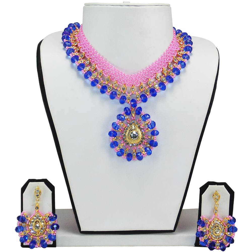 Pink Jeko Moti & Blue Crystal Beads Necklace