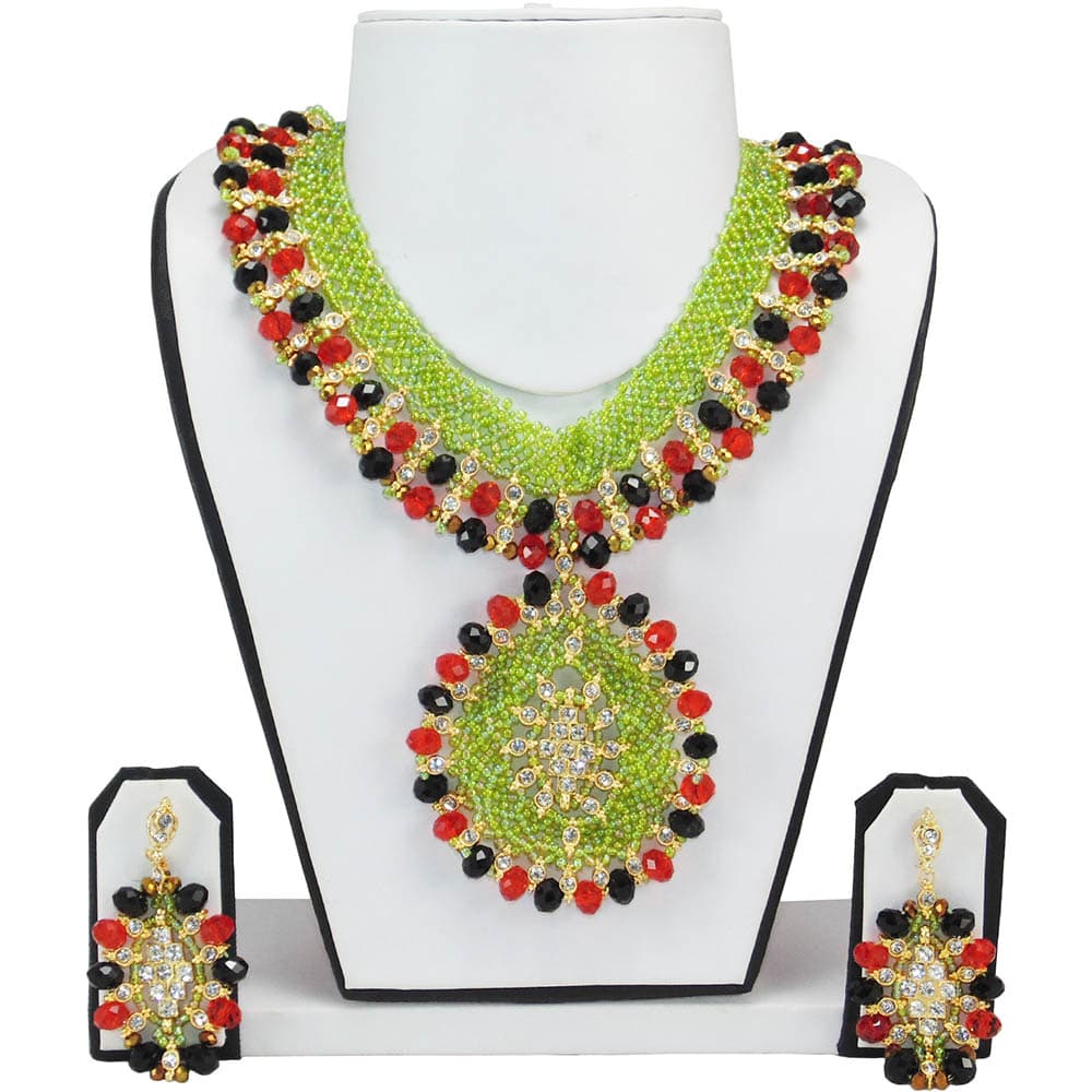 Green Jeko Moti & Black, Red Crystal Beads Necklace