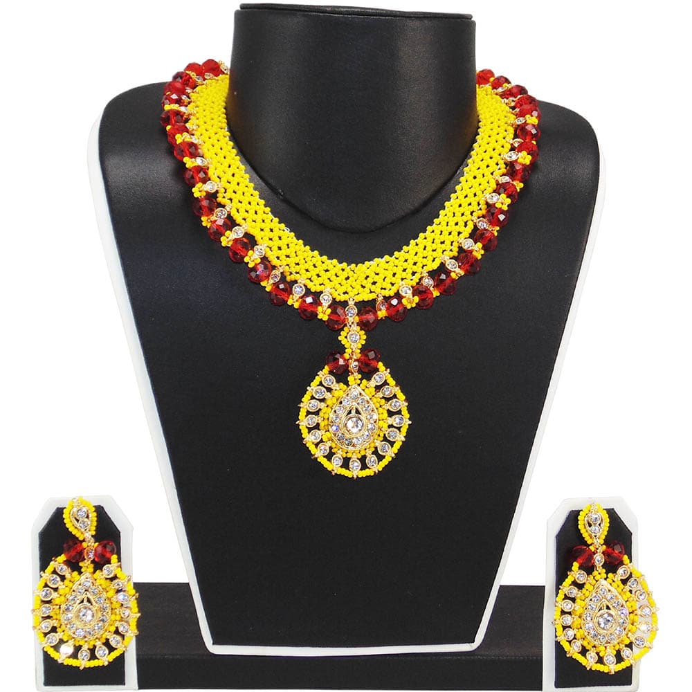 Yellow Jeko Moti & Red Crystal Beads Necklace