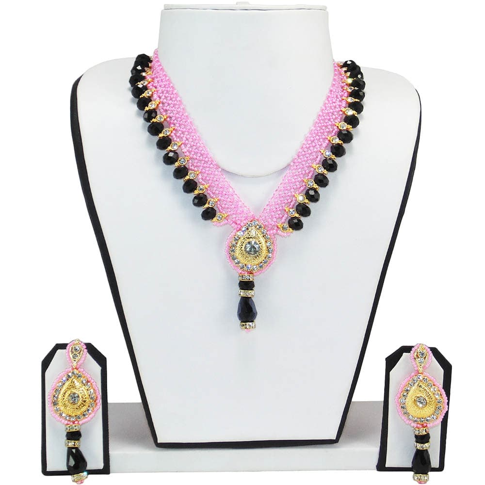 Pink Jeko Moti & Black Crystal Beads Necklace