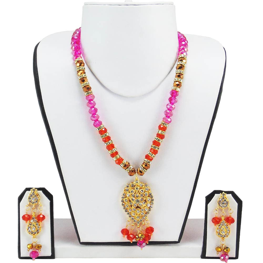 Pink, Red & Golden Crystal Beads Necklace