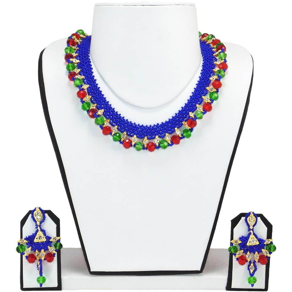 Blue Jeko Moti & Red, Green Crystal Beads Necklace