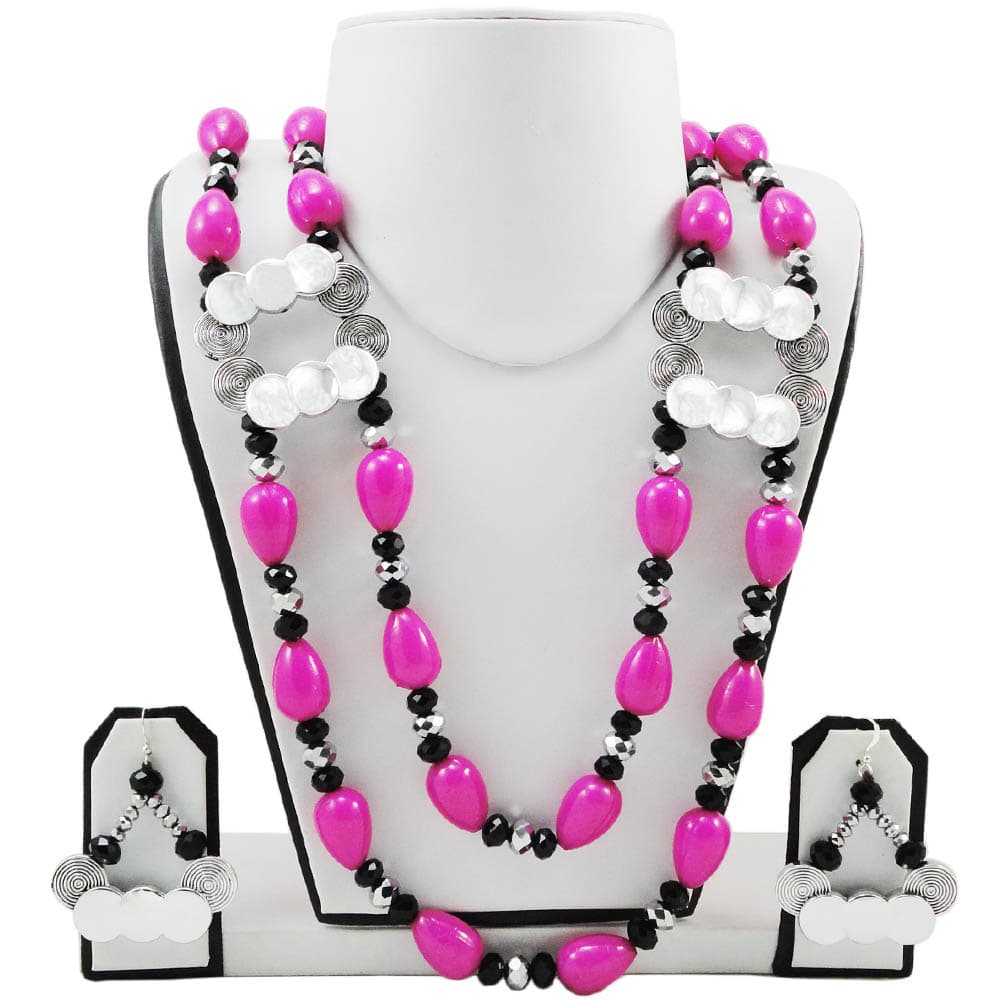 Designer Pink and Crystal Black Beads Necklace