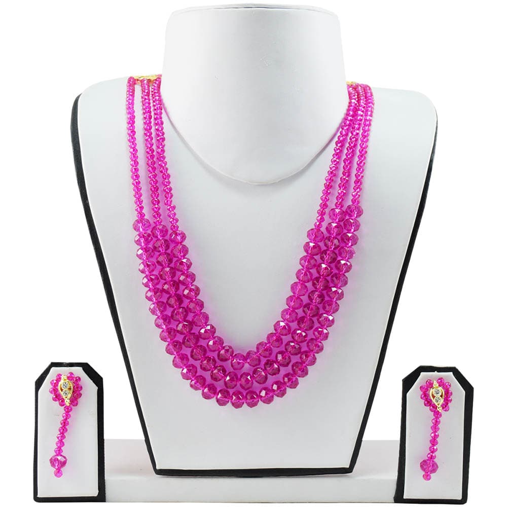 Pink Crystal Beads 3 Row Necklace