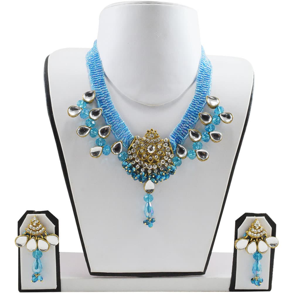 Blue Jeko Moti Kundan Necklace Set