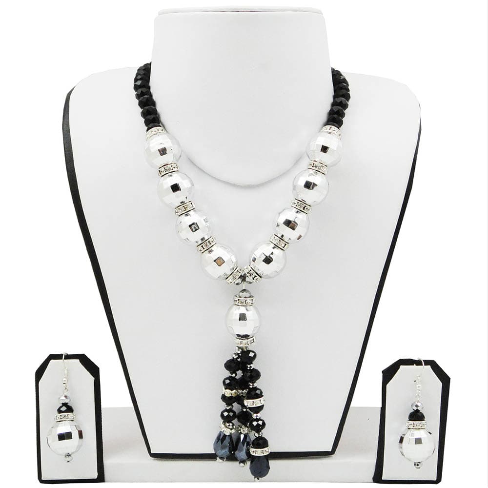 Silver Large Beads with Black Crystal Beads Necklace