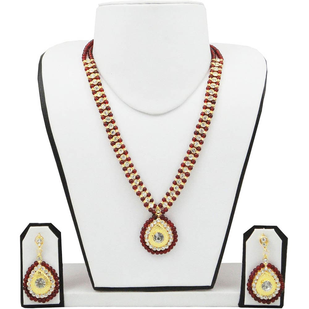 Maroon Beads Necklace with Diamond Stone Pendant