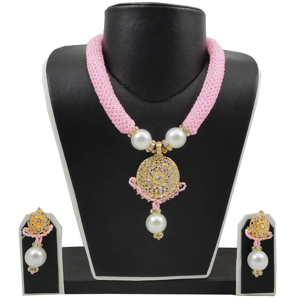 Pink Jeko Moti Necklace with Diamond Stone Pendant