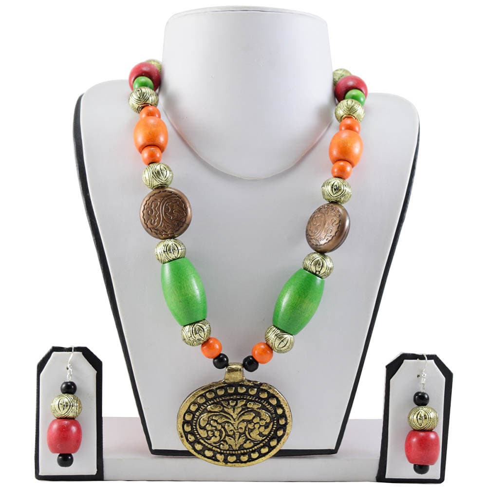 Multi Color Wooden Beads Antique Pendant Designer Necklace