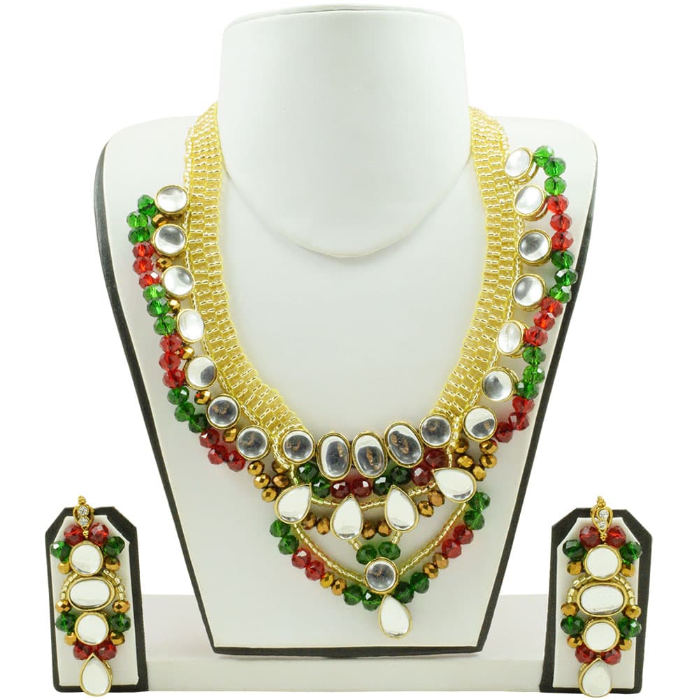 Red & Green Crystal Beads Kundan Necklace