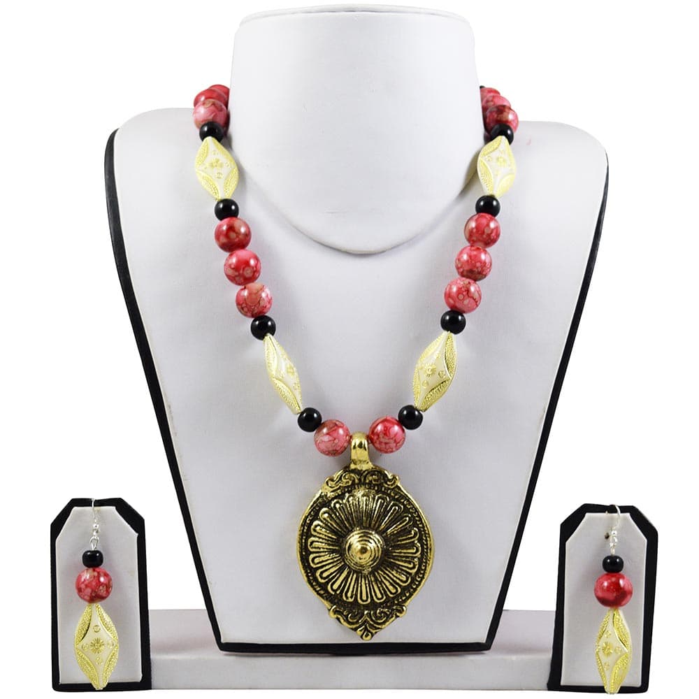 Designer Red Beads Antique Necklace Set
