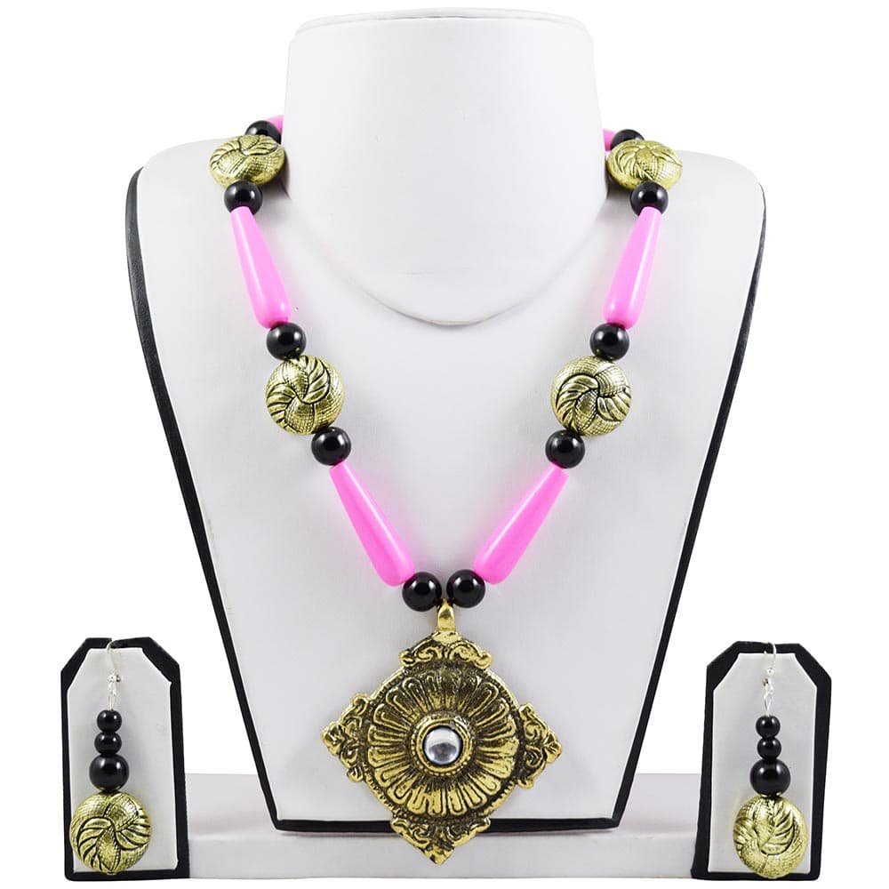 Designer Pink Beads Antique Necklace Set