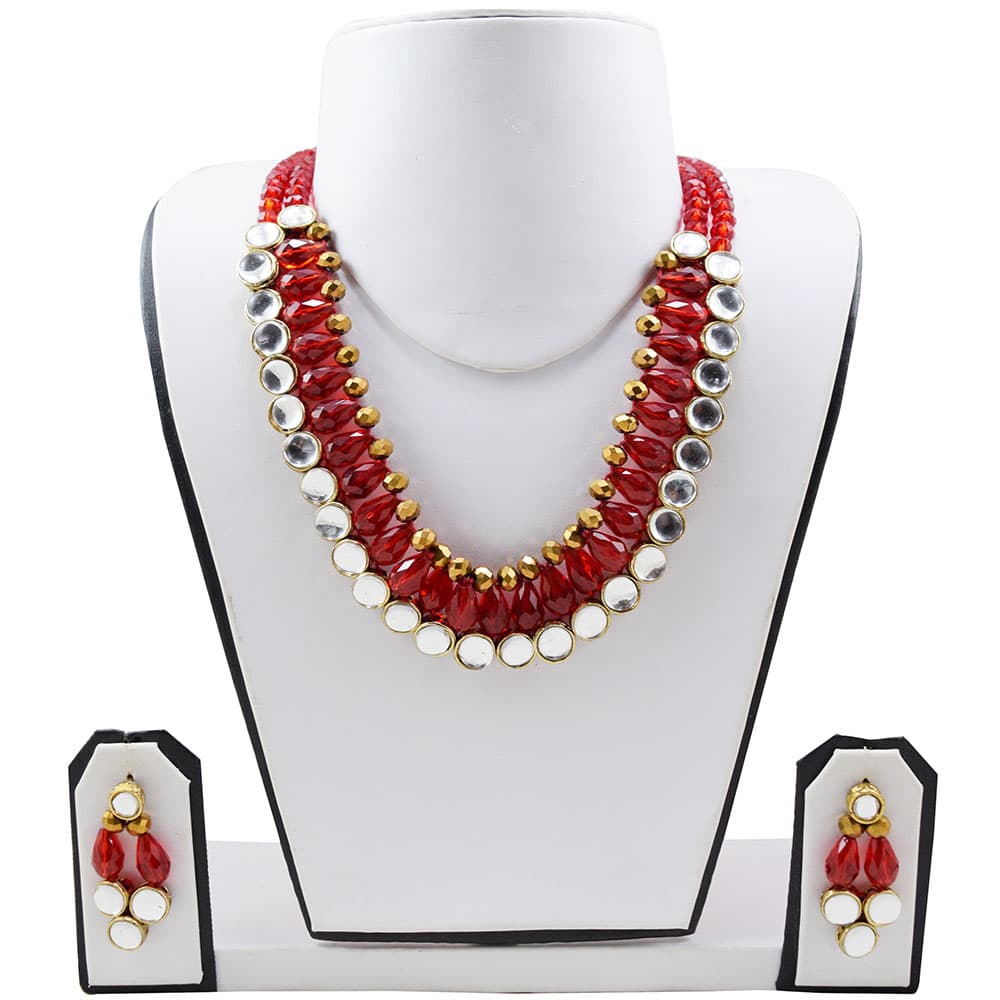 Red & Copper Crystal Beads Kundan Necklace set for Girls & Women
