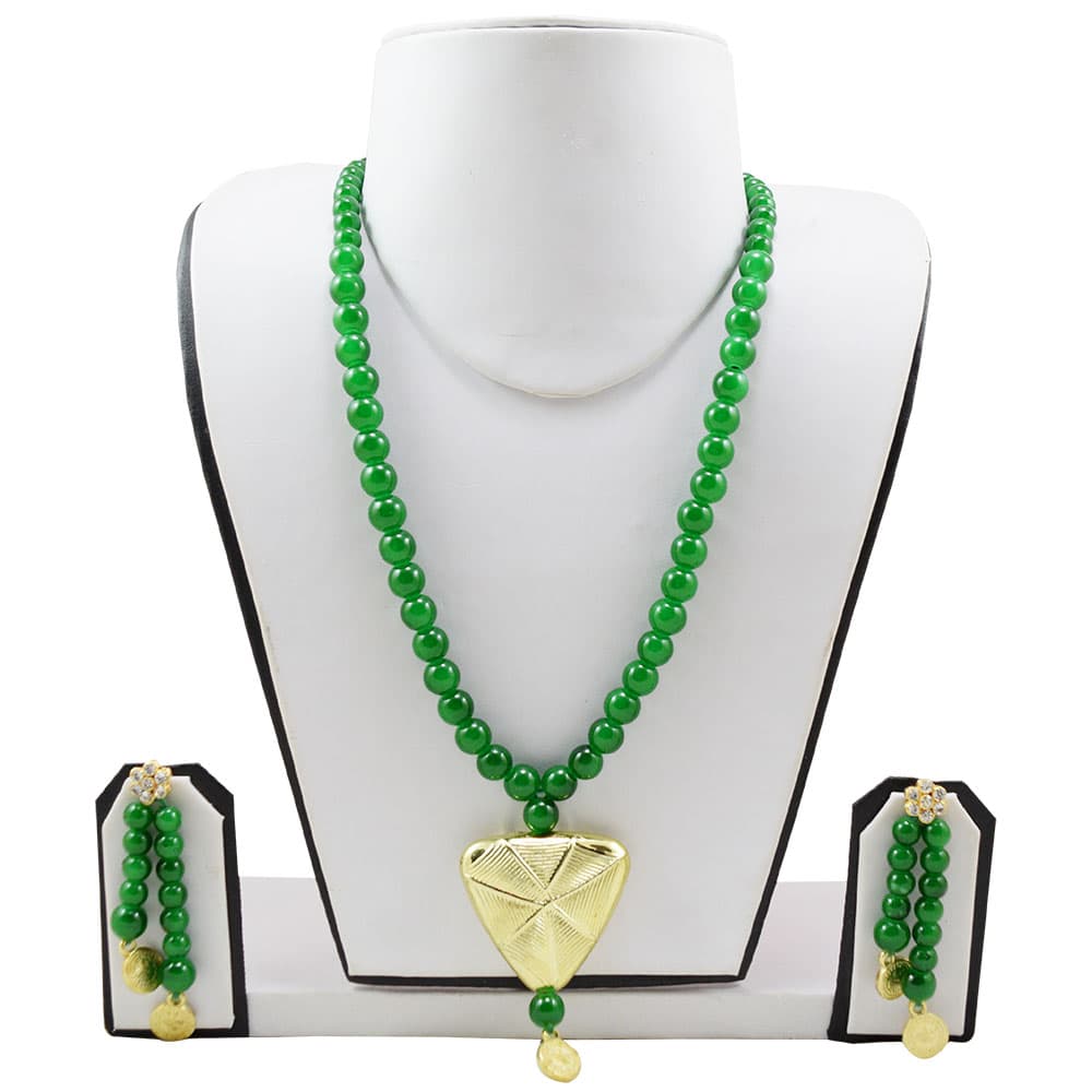 Green Glass Beads Antique Pendant Necklace Set for Girls & Women
