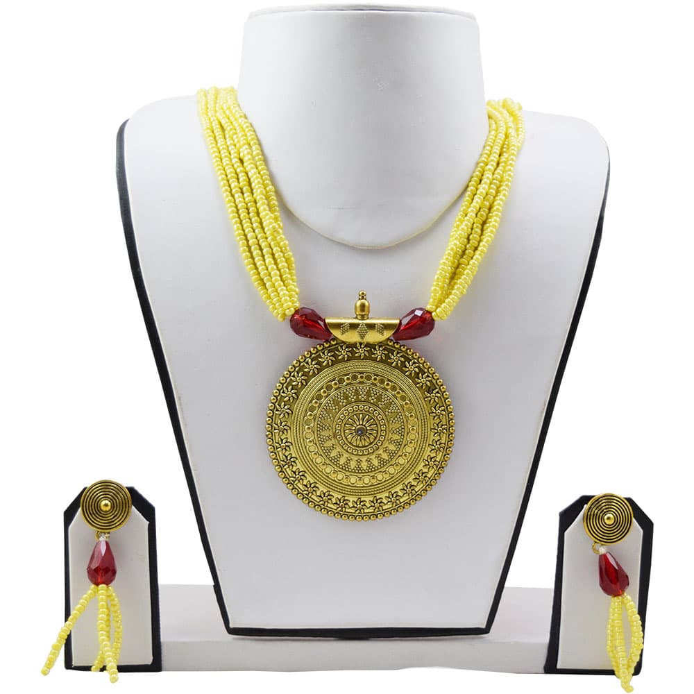 Yellow Jeko Moti Antique Pendant Multi Strand Necklace & Earrings