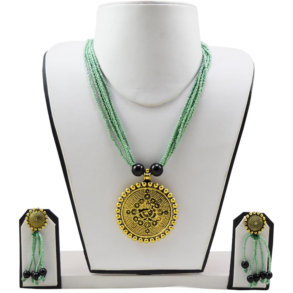 Turquoise Jeko Moti Antique Pendant Multi Strand Necklace & Earrings