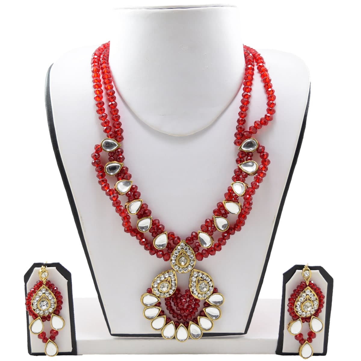 Red Crystal Beads Diamond Stone Pendant Kundan Necklace