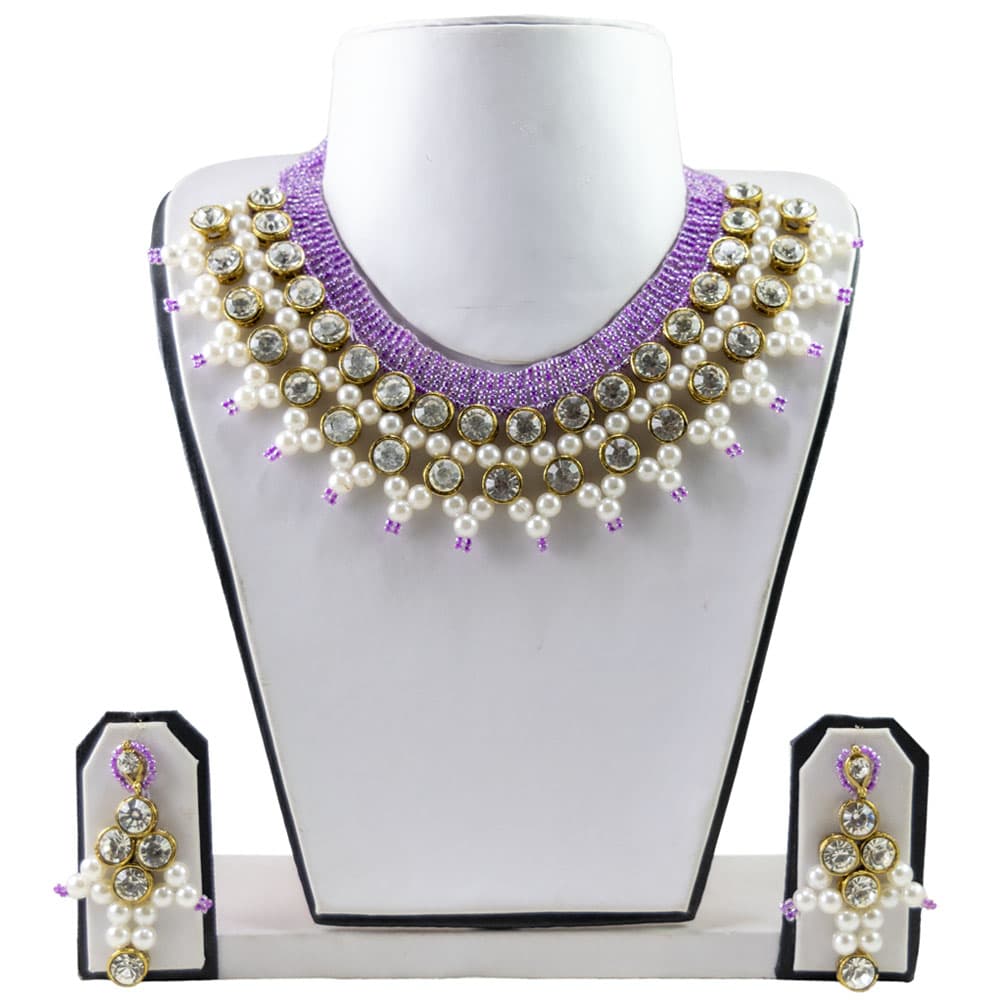Purple Jeko Moti Beads Kundan Necklace Set
