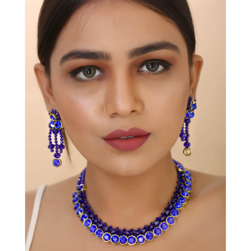 Blue Crystal Beads Kundan Necklace