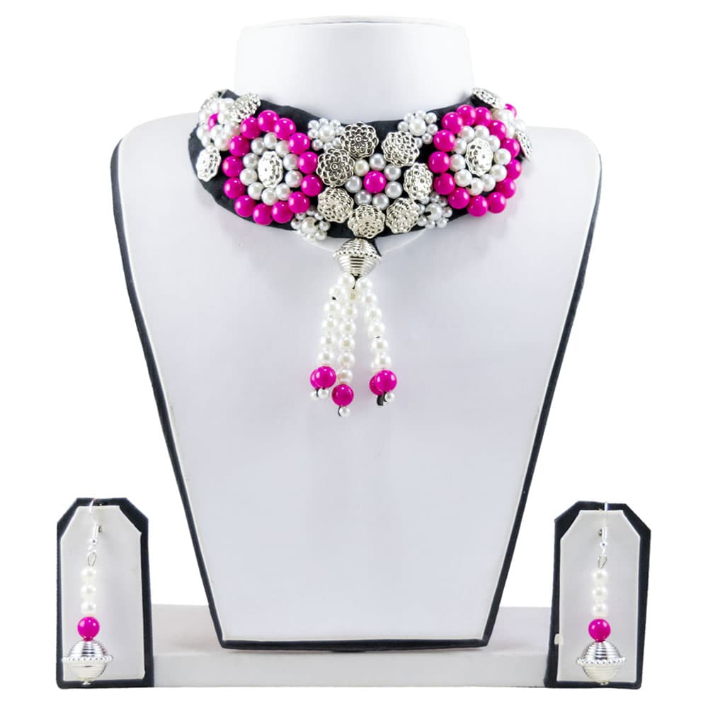 Pink White Beads Choker Necklace for Chaniya Choli