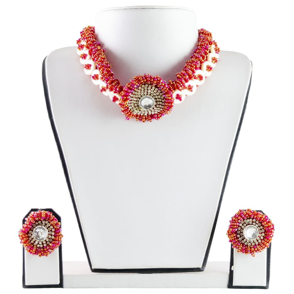 White Button Red Jeko Moti Necklace Set