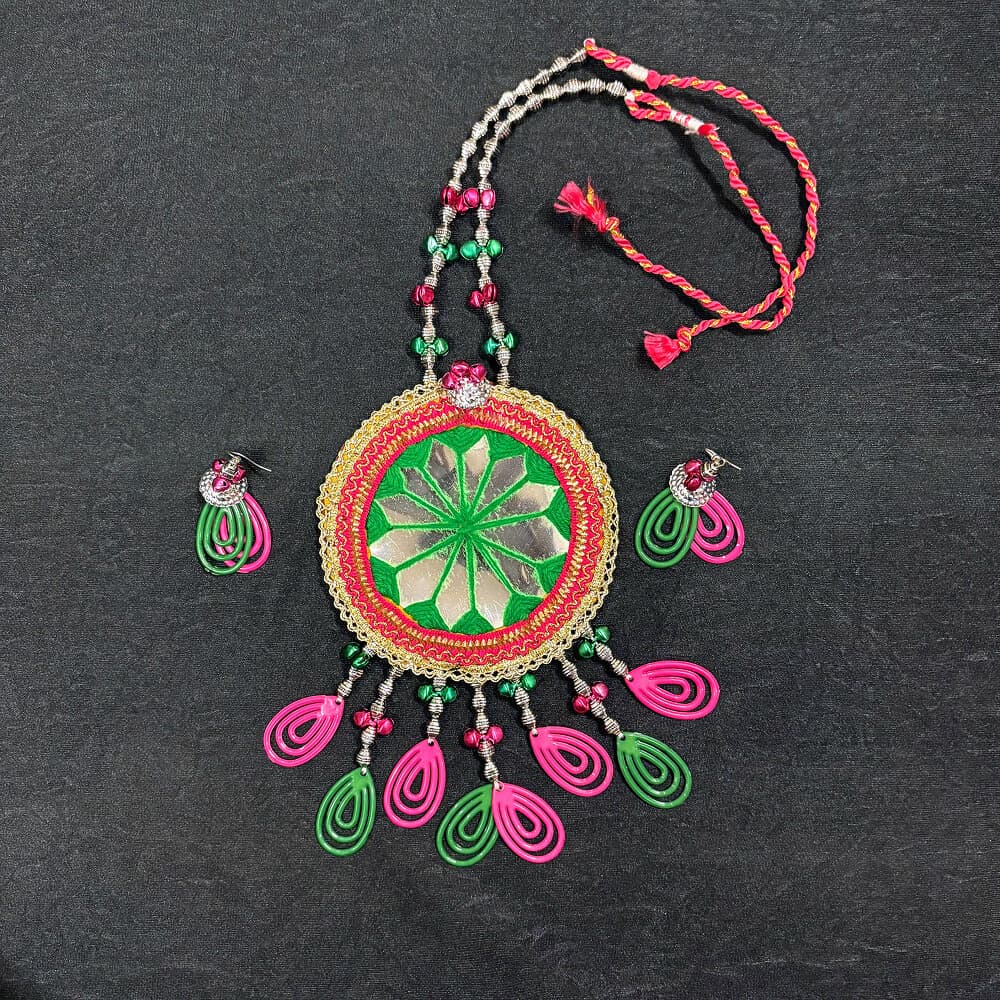 Handmade Green & Pink Mirror Work Necklace with Earrings