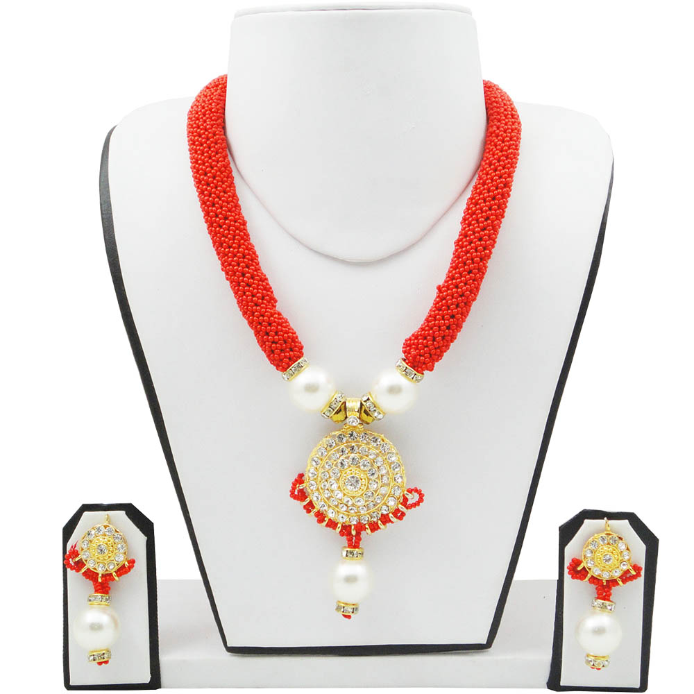 Red Jeko Moti Necklace with Diamond Pendant