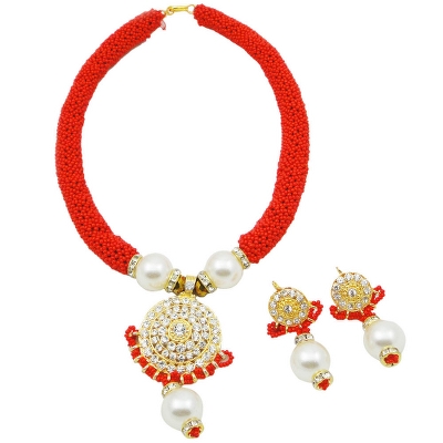 Red Jeko Moti Necklace with Diamond Pendant