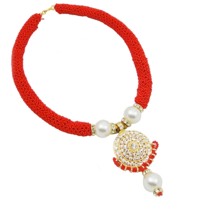 Red Jeko Moti Necklace with Diamond Pendant