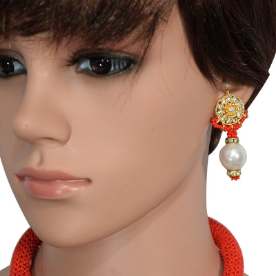 Red Jeko Moti Necklace with Diamond Pendant