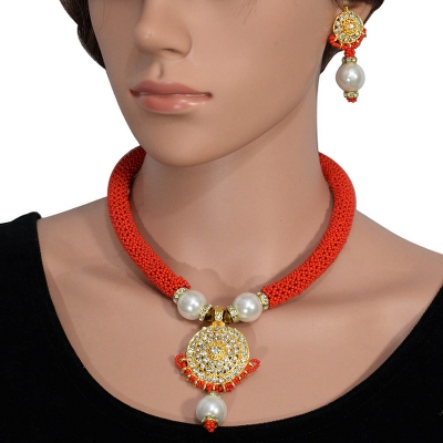 Red Jeko Moti Necklace with Diamond Pendant