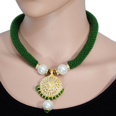 Green Jeko Moti Necklace with Diamond Pendant
