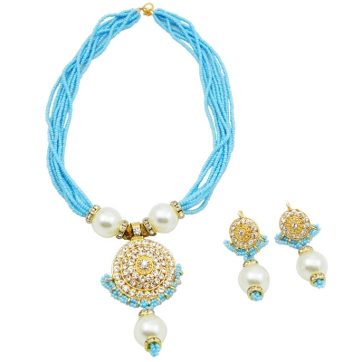 Sky Blue Jeko Moti Necklace with Diamond Pendant