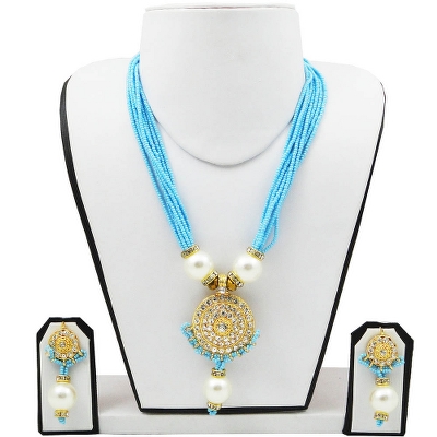 Sky Blue Jeko Moti Necklace with Diamond Pendant
