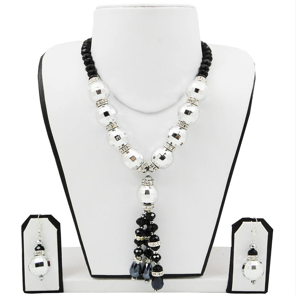 Silver Large Beads with Black Crystal Beads Necklace